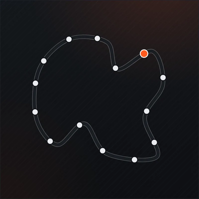 Voorbeeld van de Goodfellas Track Map-overlay: circuitkaart met jouw auto in oranje en de andere auto’s als stippen