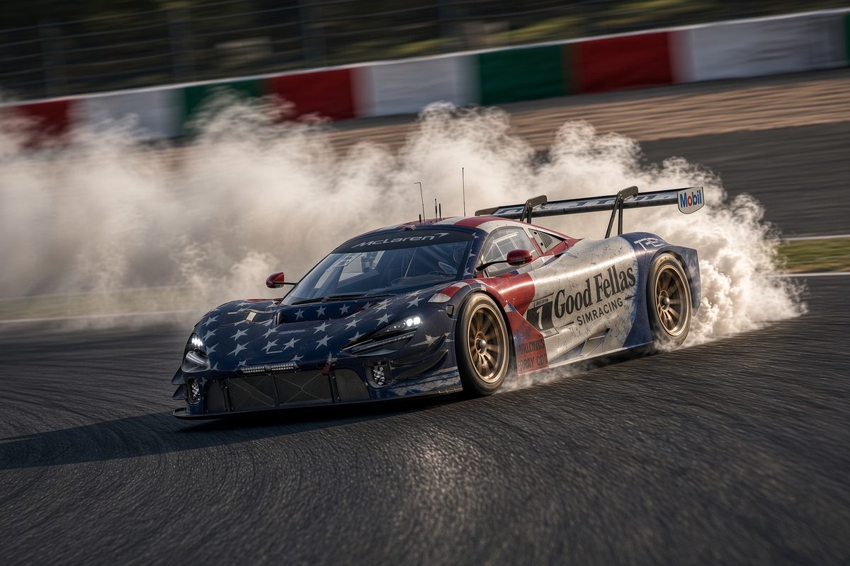 Goodfellas McLaren GT3 in een schuiver met rookwolk op Suzuka