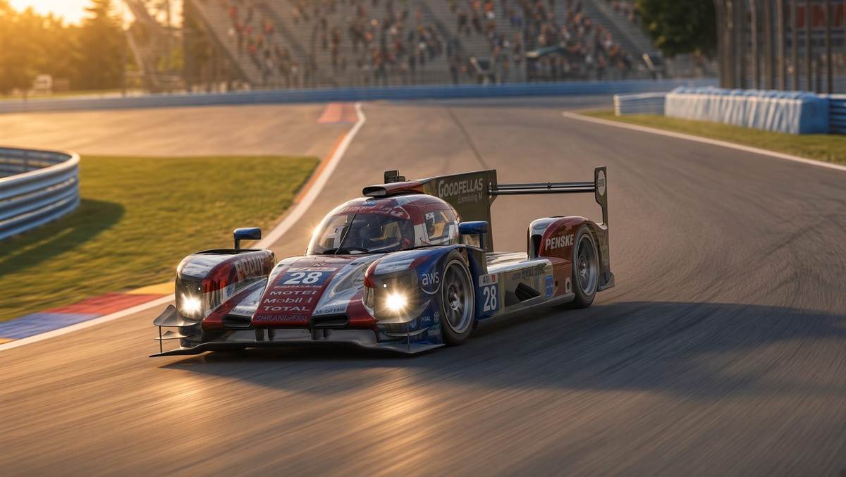 Goodfellas LMP2 #28 in de golden hour op Watkins Glen